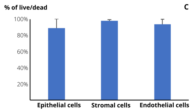 Bar graph showing staining of live and dead cells for epithelial cells, stromal cells, endothelial cells